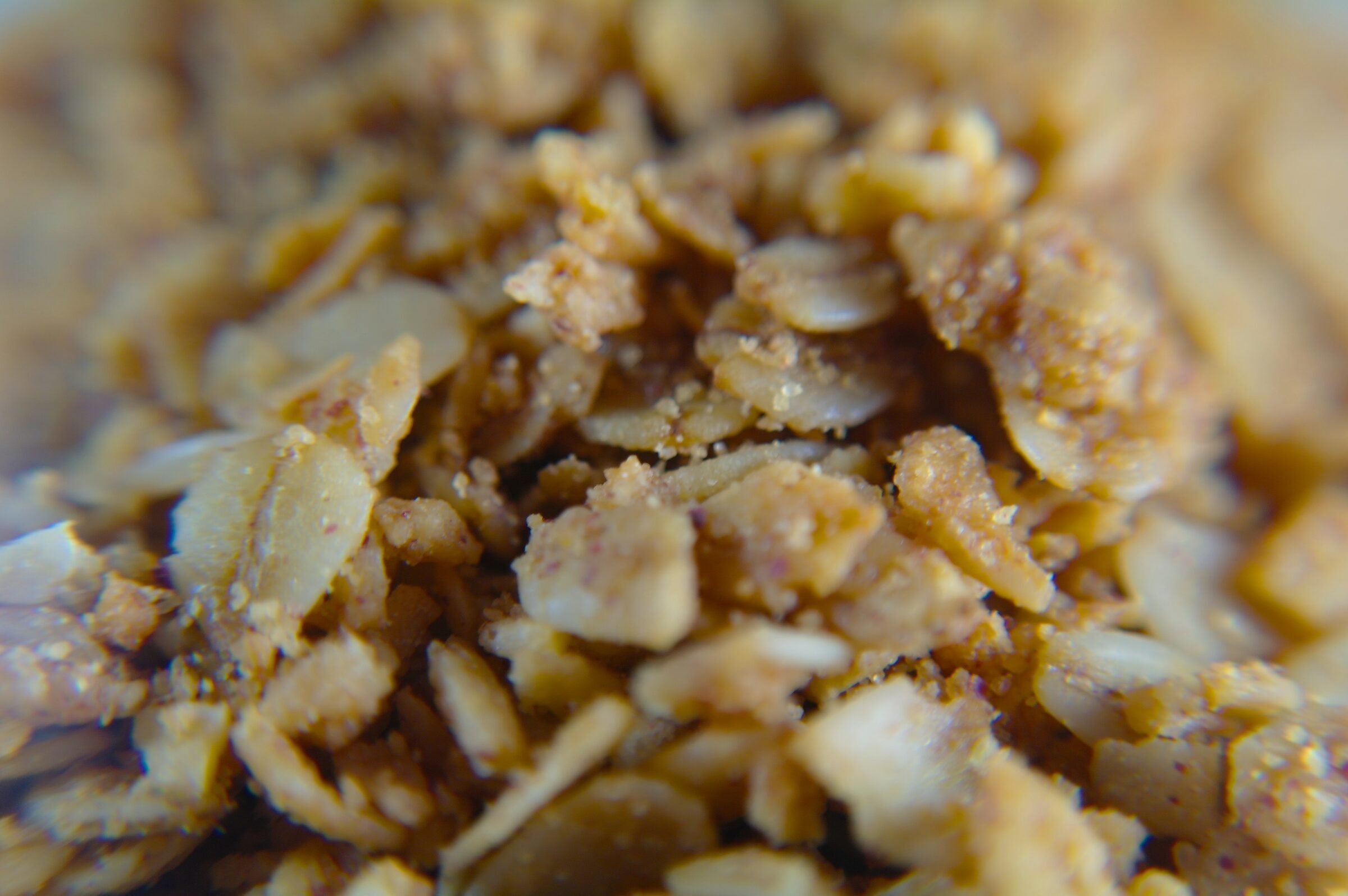 A close-up of toasted granola flakes and clusters.